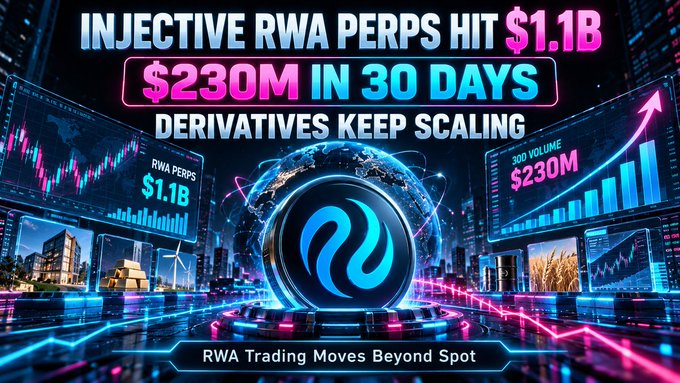 A neon-styled promotional banner celebrates 'INJECTIVE RWA PERPS HIT $1.1B' and '$230M IN 30 DAYS' as 'DERIVATIVES KEEP SCALING' with the Injective logo and 'RWA Trading Moves Beyond Spot' tagline.