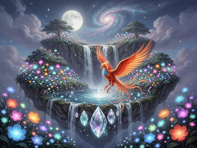 A fantasy digital artwork featuring a fiery phoenix with outstretched wings beside a glowing pool, surrounded by waterfalls, floating islands, crystal gems, and a galaxy sky with a full moon and spiral nebula.