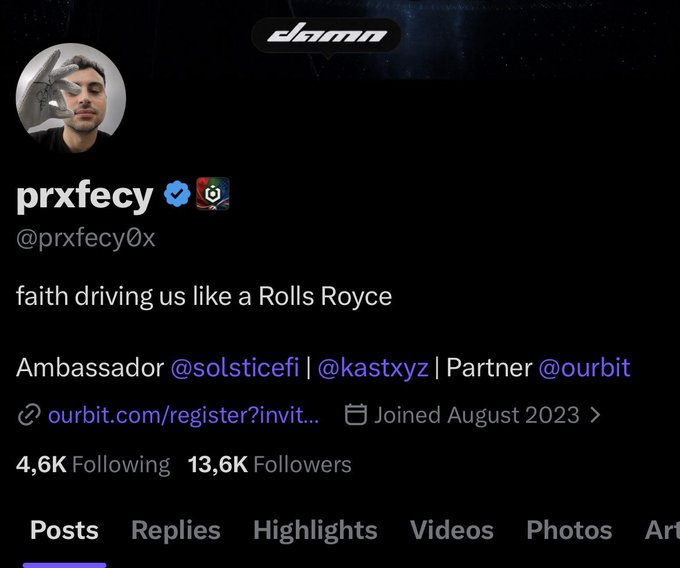 The image shows a Twitter/X profile for "prxfecy" (@prxfecy0x), a verified crypto account with 13.6K followers, listing affiliations as Ambassador for @solsticefi and @kastxyz, and Partner for @ourbit. The post compares fading this account to holding LUNA during the Terra stablecoin collapse, suggesting significant losses associated with the project.
