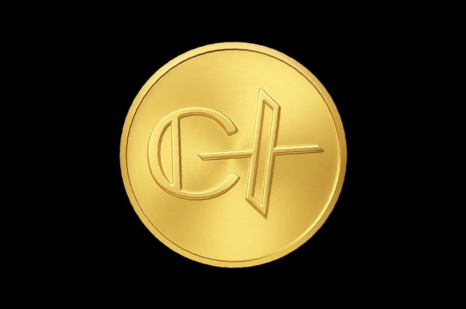 A 3D rendering of a gold coin featuring a stylized symbol, set against a black background.