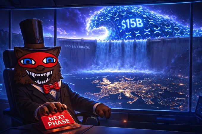 A digital illustration features an anthropomorphic cat in a top hat and suit pressing a 'NEXT PHASE' button, with a massive $15B wave and 'CSD BR / BRAZIL' visible in the background.