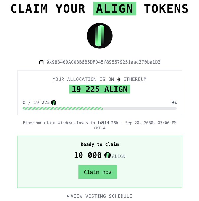 The image shows the Aligned Layer ($ALIGN) token claim page for wallet 0x983409AC03B6B5DFD45f895579251aae370ba1D3, displaying a total allocation of 19,225 ALIGN on Ethereum with 0/19,225 claimed (0%) and the Ethereum claim window closing in 149 days on September 20, 2030. A "Ready to claim" section offers an immediate claim of 10,000 ALIGN with a green "Claim now" button, while a "View Vesting Schedule" option appears below—matching the post's note that users can claim up to 10,000 tokens with the remainder vested.