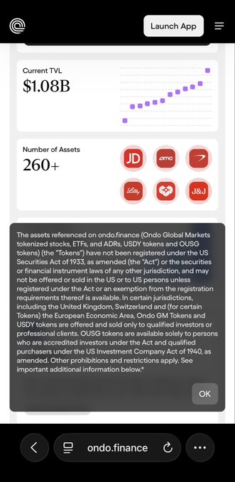 The image shows a cell phone screen displaying a list of numbers, with a purple line indicating that there's a price trend or chart. A conversation window appears below the list showing the text "For reference $ONDO which is trading at 2B mcap and 285x bigger than RIO isn't allowed to sell their tokenized assets in the US". The image does not provide any specific information about the content of the text, but it seems related to finance or investing.