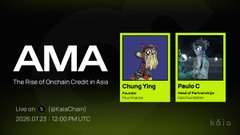An AMA banner for SuiPlay titled 'The Rise of Onchain Credit in Asia' featuring hosts Chung Ying and Paulo C featuring photos of the two speakers and listing the date 2026.07.25 at 10:00 PM UTC.