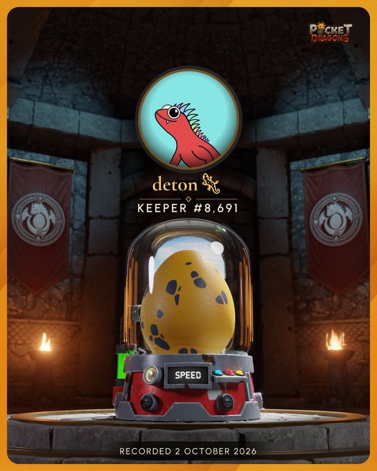 A screenshot from Pocket Dragons game showing 'deton, KEEPER #8,691' with a yellow spotted dragon egg on a SPEED incubator, recorded 2 October 2026.