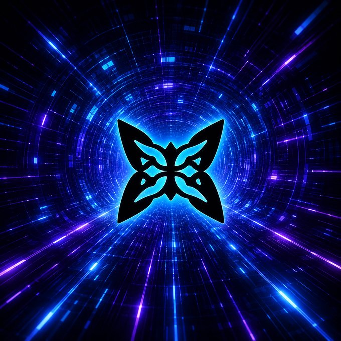 A glowing blue and purple symmetrical butterfly or mask emblem set against a dynamic, neon-lit cosmic tunnel background.
