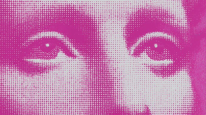 A close-up halftone print in magenta/pink and white depicting a pair of intense eyes staring directly forward.