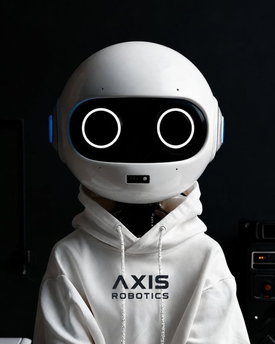 A white humanoid robot with glowing circular eyes wears a white hoodie with the text 'AXIS ROBOTICS' printed on the chest.