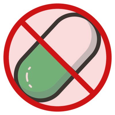 An illustration of a green and white capsule pill with a red prohibition sign (circle with slash) overlaid on it, indicating 'no pills' or no medication.