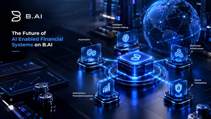 A promotional graphic titled 'The Future of AI Enabled Financial Systems on B.AI', depicting a glowing blue central hub with surrounding icons labeled 'Intelligent Decision Making', 'Automation', 'Blockchain Infrastructure', 'Autonomous Financial Ecosystems', and 'Secure Transactions' against a dark, high-tech background.
