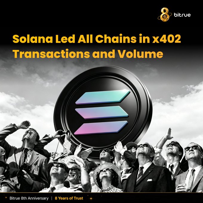A bolded headline reads "Solana Led All Chains in x402 Transactions and Volume," displayed above a crowd of people in vintage attire gazing upward at a large, glowing Solana ($SOL) logo coin set against a cloudy sky, with Bitrue's 8th Anniversary branding at the top and bottom of the image.