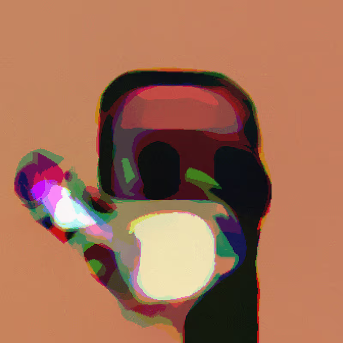 An abstract digital painting featuring a stylized figure with a red cap holding a glowing yellow orb, rendered with colorful brushstrokes against a brown background.