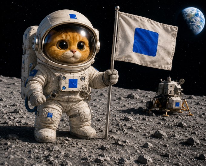 An adorable orange cat in a spacesuit plants a flag on the moon's surface, with Earth and a lunar lander visible in the background—a whimsical "to the moon" visual that perfectly captures the excitement of finding a new crypto gem on $BASE with potential for takeoff.