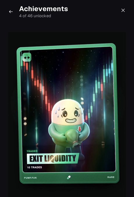 A digital achievement card titled "Achievements" showing "4 of 46 unlocked" featuring a crying character with the text "TRADER EXIT LIQUIDITY" and "10 TRADES," labeled as "PUMP.FUN" and "RARE."