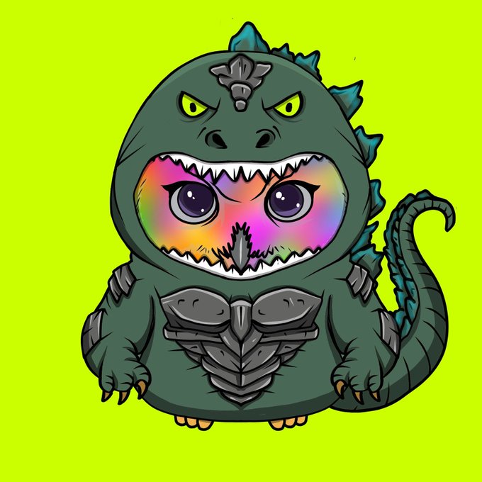 A cartoon illustration of a chibi-style Godzilla-like creature in a green dinosaur costume with metallic armor, featuring large expressive eyes on a bright green background.
