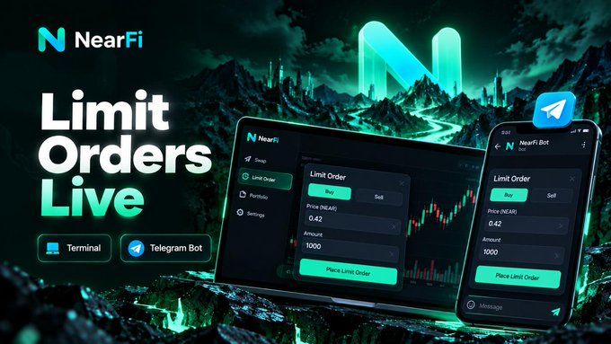 A promotional graphic for NearFi announcing "Limit Orders Live," featuring the NearFi logo, terminal and Telegram bot access buttons, and mockups of the limit order interface on desktop and mobile.