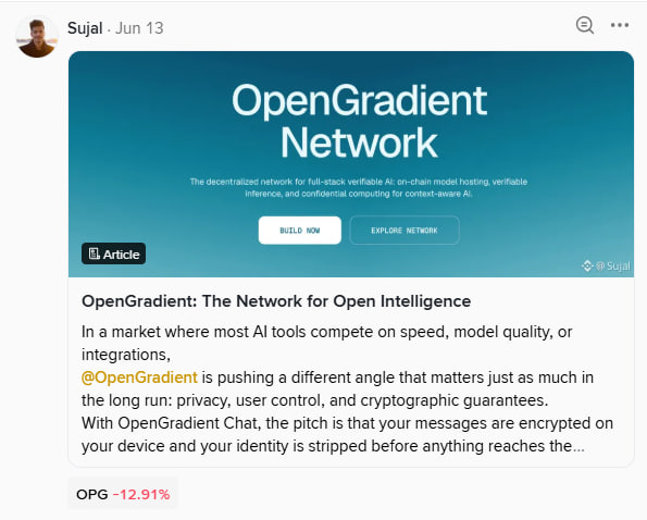 The image shows a post from @binance Square that has text related to OpenGradient Network. The caption includes details about an AI breakdown or security measures enforced by architecture or privacy. There is no explicit visual representation of the scene, but it could be described as an organized collection of information or a series of descriptions.