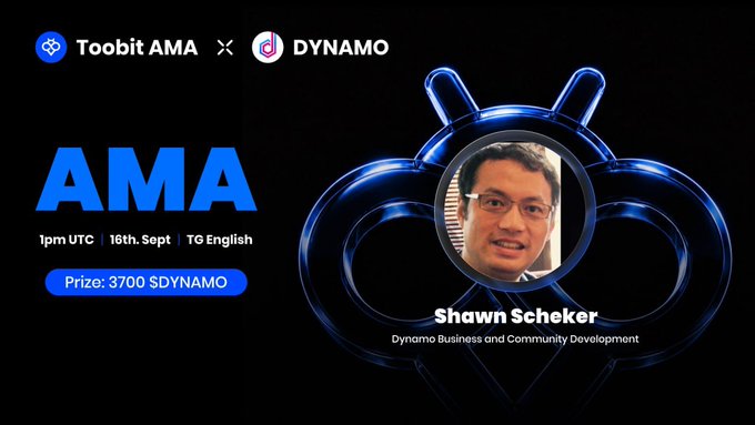 A promotional graphic for a Toobit AMA with Dynamo featuring Shawn Scheker, scheduled for 1pm UTC on September 16th with a 3700 $DYNAMO prize.