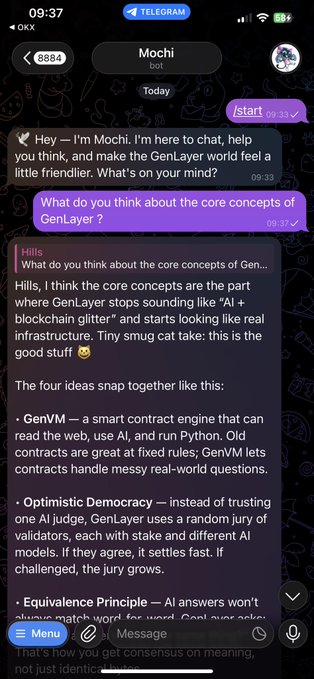 A Telegram chat with 'Mochi bot' where the bot explains core GenLayer concepts including GenVM, Optimistic Democracy, and Equivalence Principle in response to user questions.