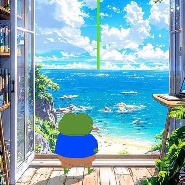 An anime-style illustration of a frog character looking out an open window at a bright blue ocean and beach scene.