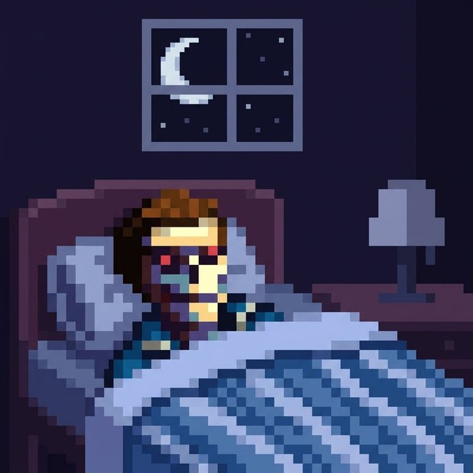 A pixel art illustration showing a person with brown hair lying in bed under a blue blanket, with a window in the background showing a crescent moon and stars in the night sky.