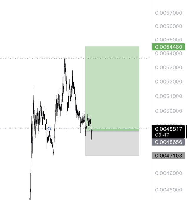 A candlestick chart of $PEPE showing a long position entry at 0.0048817 at 03:47, with a green shaded profit target zone extending up to 0.0054480 and a stop-loss level marked at 0.0047103 below the entry.