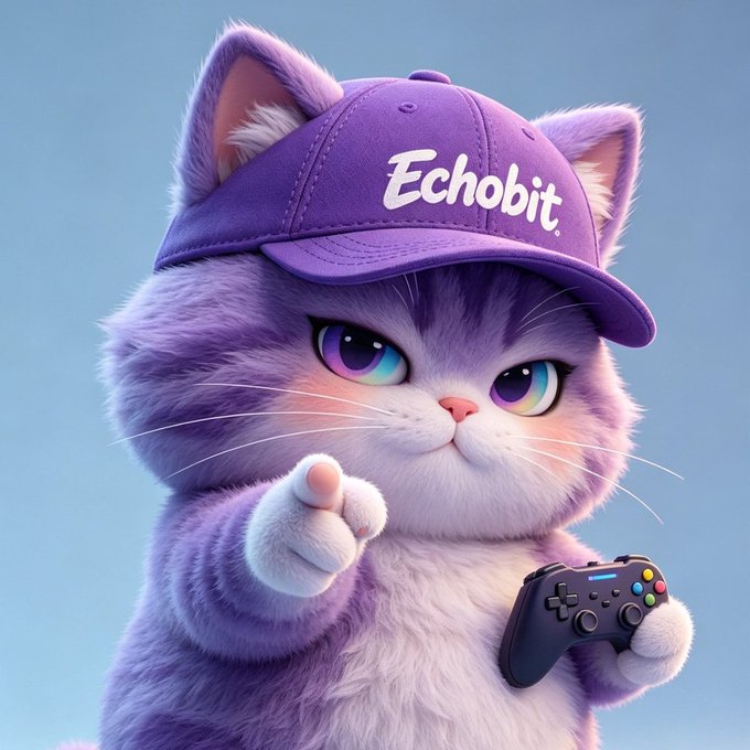A fluffy purple cartoon cat mascot wears a purple "Echobit" baseball cap and points at the viewer while holding a game controller, serving as a branded promotional image for the Echobit Exchange giveaway offering 30 USDT split among 6 winners.