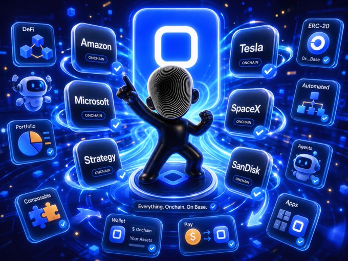 The image showcases a futuristic blue-themed graphic featuring a central 3D figure with a fingerprint head pointing upward, surrounded by floating tiles labeled with the six tokenized stocks mentioned—Amazon, Microsoft, Strategy, SanDisk, SpaceX, and Tesla—each marked "ONCHAIN" alongside other Base ecosystem elements like DeFi, Portfolio, Wallet, and Apps, with the tagline "Everything. Onchain. On Base." The visual reinforces the post's message by illustrating how these traditional assets like Amazon, Microsoft, and Tesla are now integrated into Coinbase's Base blockchain, transforming them from siloed brokerage holdings into composable onchain assets accessible across DeFi, wallets, and apps.