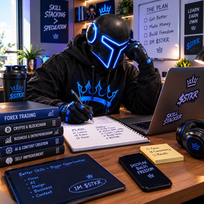 A vibrant cyberpunk-style image of a figure wearing a blue neon-lit helmet writing in a notebook titled 'PLAN' and 'Today', surrounded by branded materials featuring '$STKR' logo, 'SKILL STACKING > SPECULATION' poster, 'THE PLAN' whiteboard, and books on Forex Trading, Crypto & Blockchain, Business, and AI.