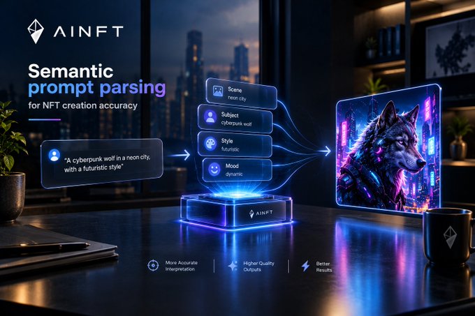 A promotional graphic for 'AINFT' showing 'Semantic prompt parsing for NFT creation accuracy', demonstrating how a text prompt generates a cyberpunk wolf NFT.