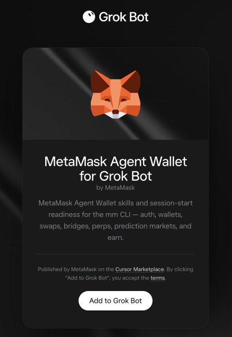A "Grok Bot" interface displays a MetaMask Agent Wallet card featuring the MetaMask fox logo, with an "Add to Grok Bot" button, advertising crypto capabilities like swaps, bridging, perps, and prediction markets.