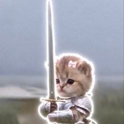 An angry kitten in armor holds a glowing sword with a red anger symbol on its forehead.