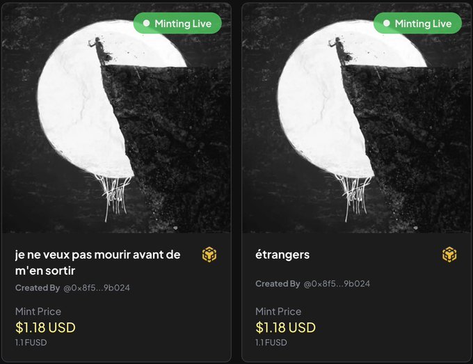 Two NFT listings titled "je ne veux pas mourir avant de m'en sortir" and "étrangers," both priced at $1.18 USD (1.1 FUSD), created by @0x8f5…9b024 and featuring the same surreal figure ascending a crescent moon, are being promoted via the Liquid NFT Market on BNB Chain during a Twitter Spaces spotlight.