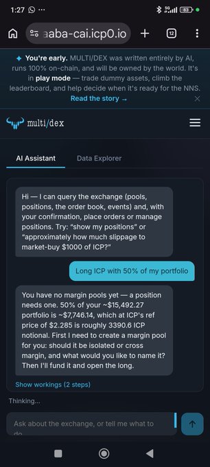 A mobile screenshot of the multi/dex AI Assistant interface on jaba-cai.icp.io, showing a conversation about placing a long position on ICP using 50% of a $15,492.27 portfolio, with ICP's ref price at $2.285.