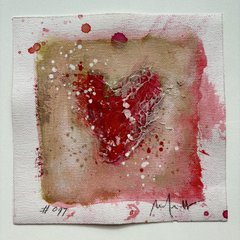 A small square canvas painting featuring a red heart painted in a loose, watercolor style with splattered red paint on a pinkish-beige background, with text at the bottom in Cyrillic or similar script.