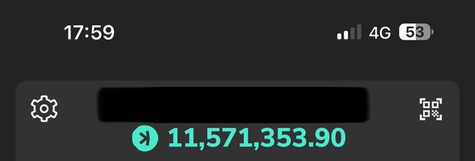 A screenshot of a smartphone status bar showing the time 17:59, signal bars indicating 4G, and a 53% battery level. Below it, a widget displays a Bitcoin wallet balance of 11,571,353.90.