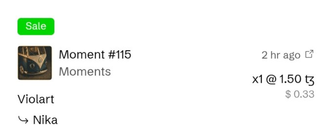 A digital receipt showing a sale of 'Moment #115' from the 'Moments' collection by Violart, purchased x1 at 1.50 ŧ ($0.33) and transferred to Nika 2 hours ago.