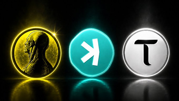 The image features three glowing cryptocurrency-style coin logos from left to right: a gold coin depicting a bearded man's profile representing $IF, a teal coin displaying the Kaspa symbol for $KAS, and a silver coin with a bold "T" representing $TAO. The visual directly corresponds to the post's question about allocating 100K across these three specific tokens.