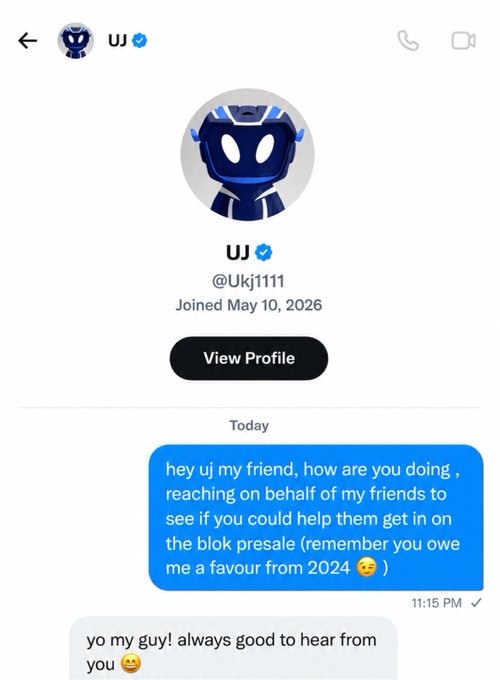 A Twitter DM screenshot showing a message to user 'UJ' (@Ukj1111) asking for help getting friends into the 'blok presale' and referencing a favor owed from 2024.