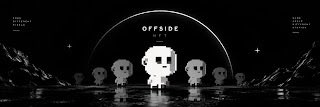 A dark, monochromatic digital artwork features the word 'OFFSIDE' above several stylized, cartoonish heads in a cavernous, rocky setting.