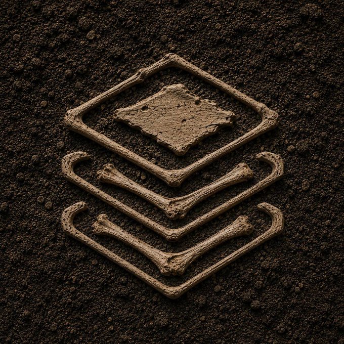 A textured 3D rendering of a layered downward arrow or chevron design made of dirt and rocks on a dark soil background.