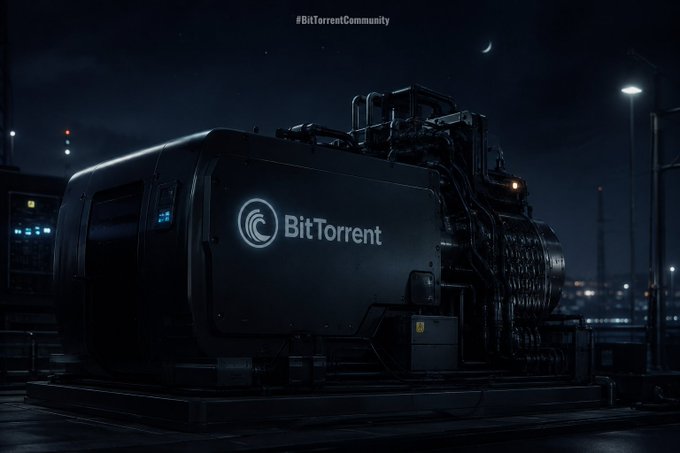 A dark, industrial sci-fi style promotional image featuring a large black machine with the glowing 'BitTorrent' logo and the hashtag #BitTorrentCommunity.