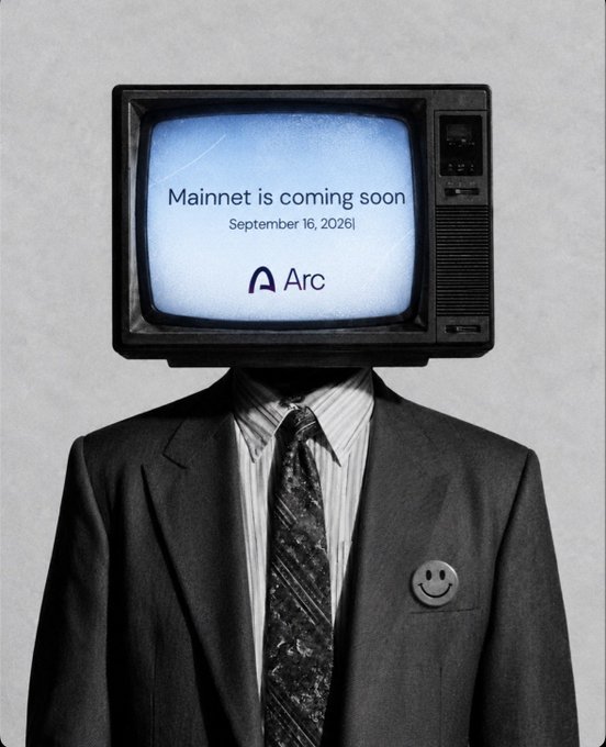 A surreal image of a man in a suit with a vintage television for a head displaying 'Mainnet is coming soon September 16, 2026' and the 'Arc' logo.