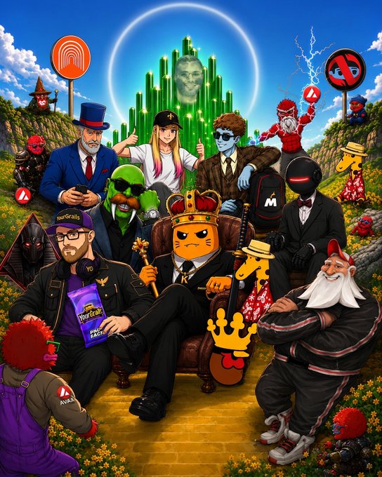 A vibrant illustration depicts a crowned avocado-king in a suit lounging on a throne, flanked by meme characters like Dollar Bill, a red-bearded gnome, and Deadpool in a Matrix-like green code cityscape, with text visible on a bag reading "Pay Your Bills" and "PRO [illegible]EACH", a "BurgerGrails" hat, and small red avatars labeled "AVA" — tying the absurd royal meme imagery to the Avalanche/C-Chain nostalgia post "make c-chain great again" by @HotEminSummer and @makooorX.