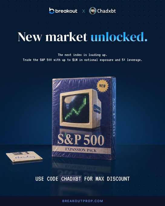 A promotional advertisement for Breakoutprop and Chadxbt announcing the new S&P 500 trading index, featuring a retro computer monitor box labeled "S&P 500 EXPANSION PACK" with the text "New market unlocked" and discount code "CHADXBT" for 5x leverage and up to $1M notional exposure.