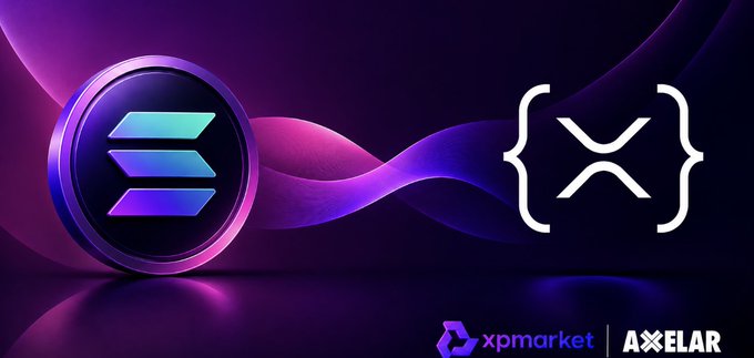 A promotional graphic for 'xpmarket' and 'AXELAR' featuring the Solana logo on the left connected by a flowing purple ribbon to the Axelar symbol on the right.
