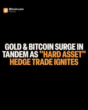 The image is a Bitcoin.com Markets graphic featuring bold text reading "GOLD & BITCOIN SURGE IN TANDEM AS 'HARD ASSET' HEDGE TRADE IGNITES." It visually reinforces the accompanying post, which reports Bitcoin briefly crossing $80,000 and gold hitting a 3-month high near $4,700, both rallying together as part of the classic hard asset hedge trade amid a weaker dollar and fiscal uncertainty.