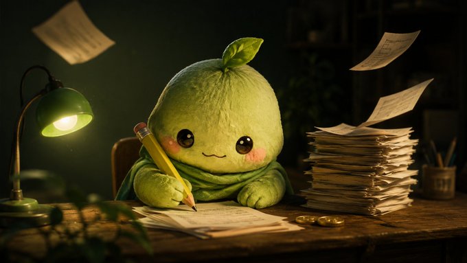 An adorable green fuzzy creature sits at a desk with a pencil, surrounded by towering stacks of papers under a warm lamp, capturing the diligent effort of crafting a thoughtful thread.