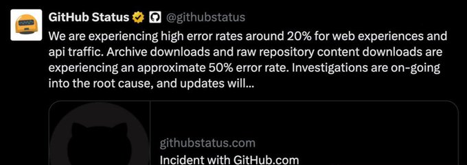 The image shows a tweet from @githubstatus reporting that GitHub is experiencing high error rates—approximately 20% for web experiences and API traffic, and around 50% for archive downloads and raw repository content downloads—with ongoing investigations into the root cause. This supports the accompanying post's claim of a GitHub outage, with the status update specifically confirming the 20% and 50% error rates mentioned in the context.