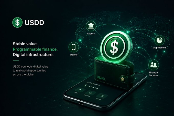 Promotional graphic for USDD, highlighting 'Stable value. Programmable finance. Digital infrastructure.' alongside a 3D illustration of a digital wallet on a smartphone.